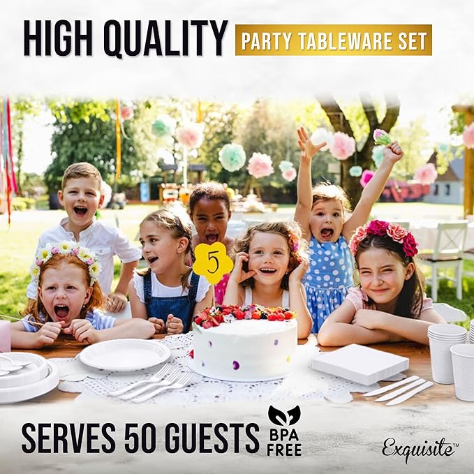 Party Solids 350 Pieces White Plastic Plates For Party, White Disposable Plates Set, 50 Of Each 9" Dinner Plate Set, 7" Dessert Plate, Cups, Napkins & Cutlery Plastic Dinnerware Set