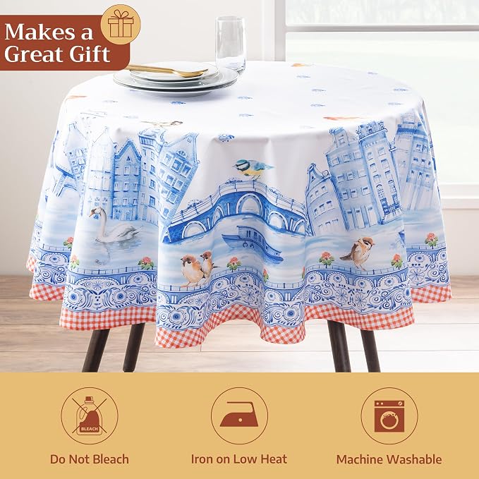 Maison d' Hermine Table Cloth Round Table 100% Cotton 69 Round Inches Tablecloth Reusable Decorative for Dining Kitchen Room Farmhouse Party Home Hotel Restaurant Spring Summer - Amsterdam Canals