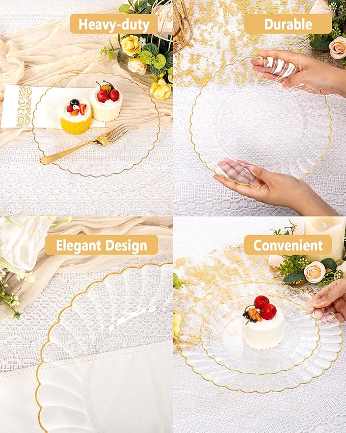 YOUBET 175PCS Gold Scalloped Plastic Plates - Clear and Gold Disposable Dinnerware Set Include 50 Plates, 75 Gold Silverware, 25 Cups, 25 Napkins for Party & Wedding