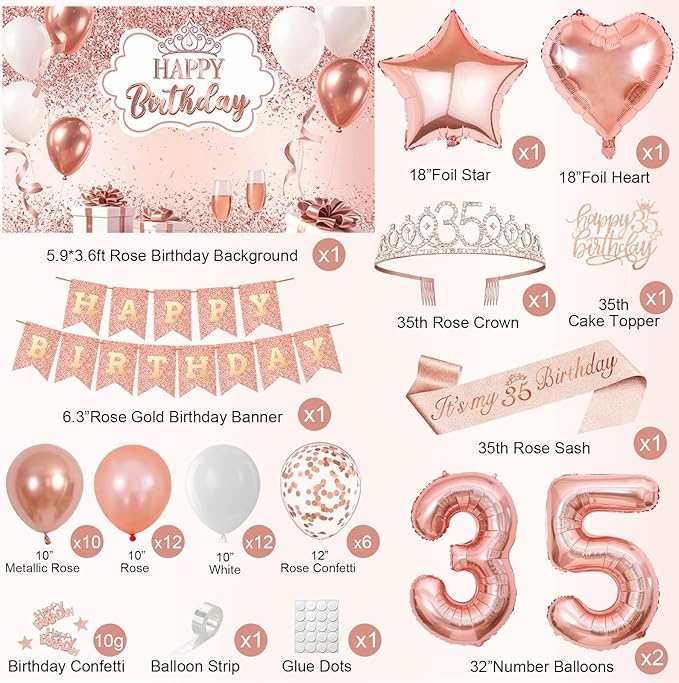 35th Birthday Decorations for Women, 52pcs Sweet Rose Gold Happy 35 Birthday Decorations Including 35th Rose Gold Crown, Sash, Banner, Background for 35 Party Decorations Set