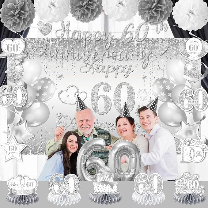 Silver 60th Wedding Anniversary Decorations Banner, 60th Anniversary Table Centerpieces Hanging Swirls Tissue Pompoms Foil Balloon for 60 Years Silver Wedding Party Decoration Supplies
