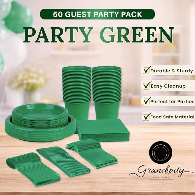 Grandipity 350 Piece Green Disposable Dinnerware Set, Includes 50 of Each: 9" Dinner Plates, 7" Dessert Plates, 12oz Cups, Paper Napkins, Forks, Knives & Spoons
