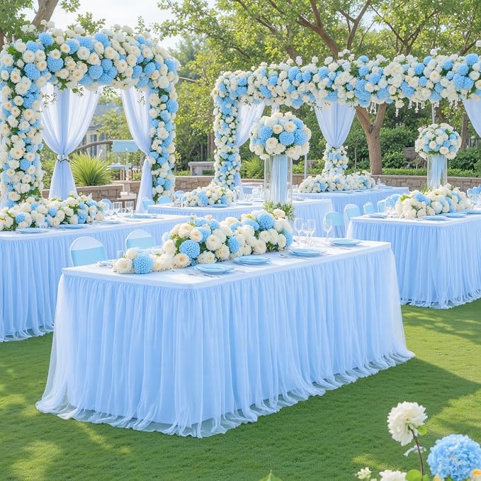 Suppromo Baby Blue Tulle Tablecloth for 4 Foot Rectangular Tables, 48 x 24 Inch White Rectangle Table Cloth, Wrinkle Free Table Cover with Tutu Skirt for Wedding Birthday Party Banquet Tablecover