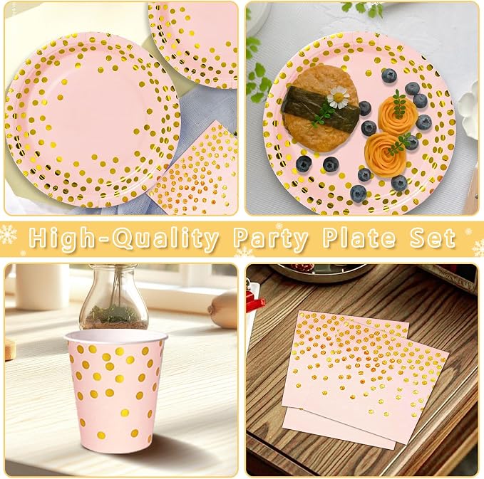 Nkaiso Paper Plates and Napkins Set, 193 Pieces Pink Gold Party Supplies Includes Paper Plates Cups Napkins Straws and Cutlery for Birthday Wedding Holidays Parties Decorations-24 Guests