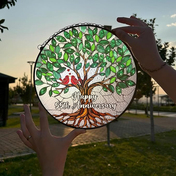55th Wedding Anniversary Stained Glass Suncatcher, 6x6' Anniversary Decorations, 55th Celebration Marriage Gifts for Parents, Couple, Wife & Husband, 55 Wedding Milestone Keepsake