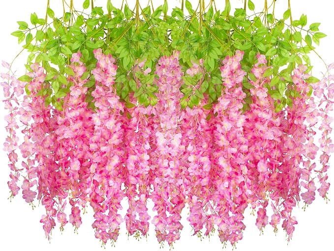 AITISOR 24 Pack Artificial Fake Wisteria Vine Ratta (3.75 Feet) Hanging Garland Silk Flowers String Home Party Wedding Decor (Deep Pink)