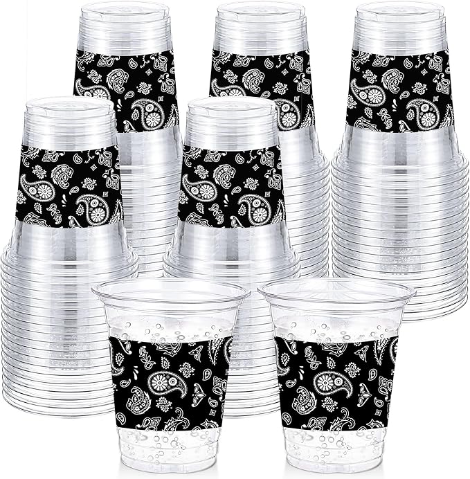 Funnymoom 60 Pack Western Cowboy Cups 12 oz Black Bandana Paisley Print Disposable Clear Plastic Cups for Western Cowboy Birthday Party Decoration Supplies