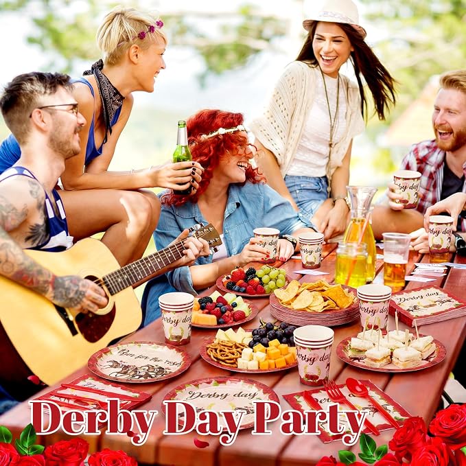 Funnymoom 400 Pcs Derby Run for The Roses Party Supplies, Horse Racing Paper Plates Napkins Cups Cutlery Set, Western Cowboy Disposable Dinnerware for Preakness Party Bridal Shower, Serves 50 Guests