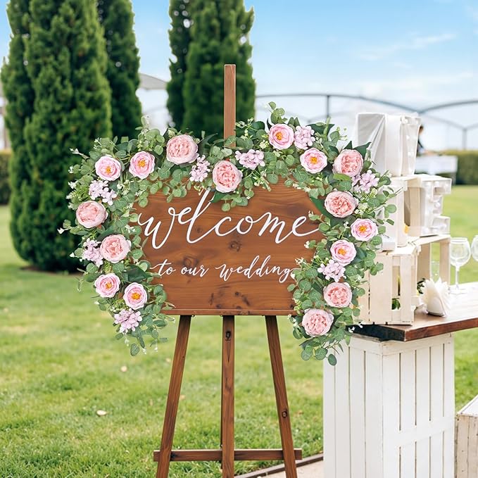 Betylifoy 2 Pack 12Ft Pink Flower Garland Artificial Eucalyptus Flower Garlands Fake Peony Rose Floral Vines Silk Hydrangea Hanging Vine Greenery Garland for Wedding Party Table Wall Backdrop Decor
