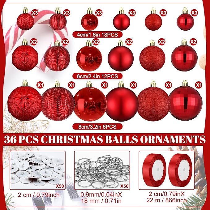 36 Pcs Christmas Balls Ornaments for Ceiling, 1.6'' 2.4'' 3.2'' Large Big Shatterproof Christmas Hanging Decorations Balls for Tree Xmas Holiday Party Indoor(Red)