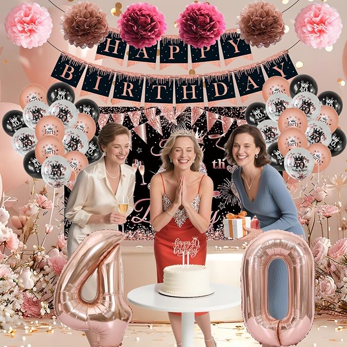 40th Birthday Decorations for Women, Black Rose Gold Happy 40 Years Old Decor for Her Include Sash and Crown, 30pcs Balloons Banner 40" Number Balloons, Backdrop Cake Topper & Paper Pom Poms