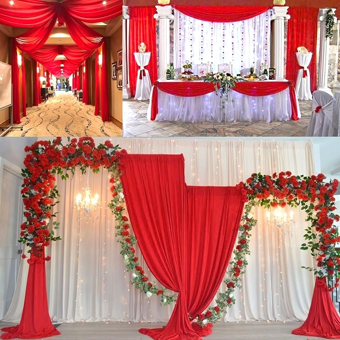 Fivenl 12 Pack Chiffon Table Runner - 12 x 120 Inches Sheer, Romantic, Wedding & Party Decoration (12" x 120", Red)