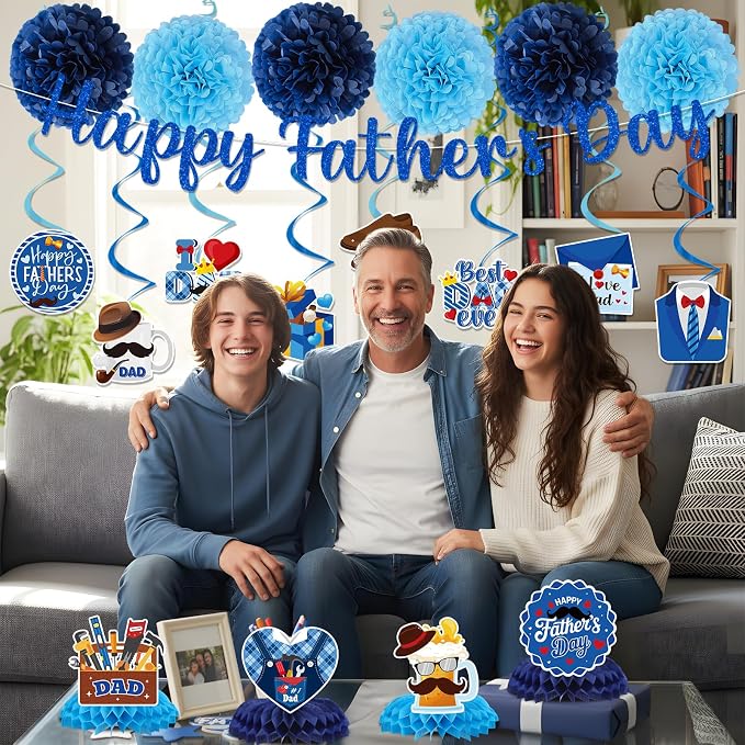 Fathers Day Party Decorations - 19PCS Happy Fathers Day Banners Hanging Swirls Honeycomb Centerpieces Pompoms Party Decor, I Love My Dad Father's Day Holiday Supplies