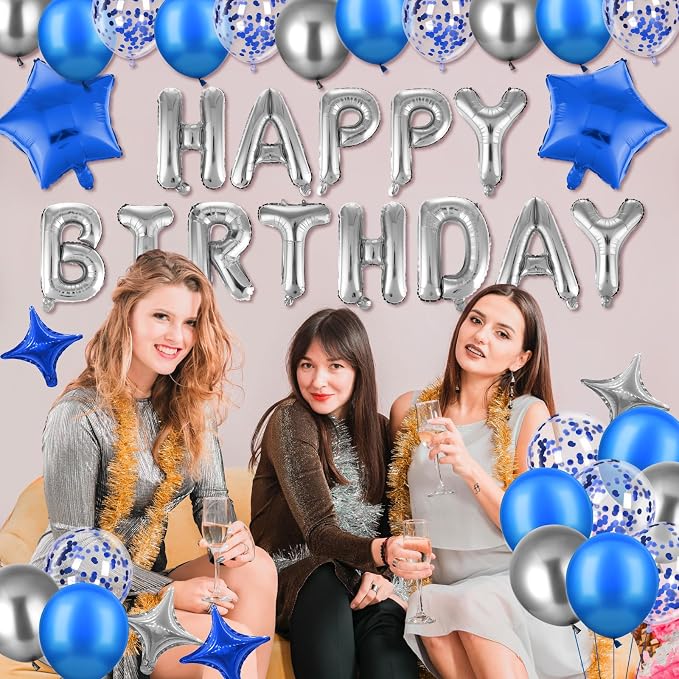 Blue Happy Birthday Balloons Decorations Royal Blue Silver Birthday Balloons Letters Banner 6 Pcs Star Balloons Blue Artificial Rose Petals 24 Flameless LED Candles for Bedroom Hotel Birthday Party