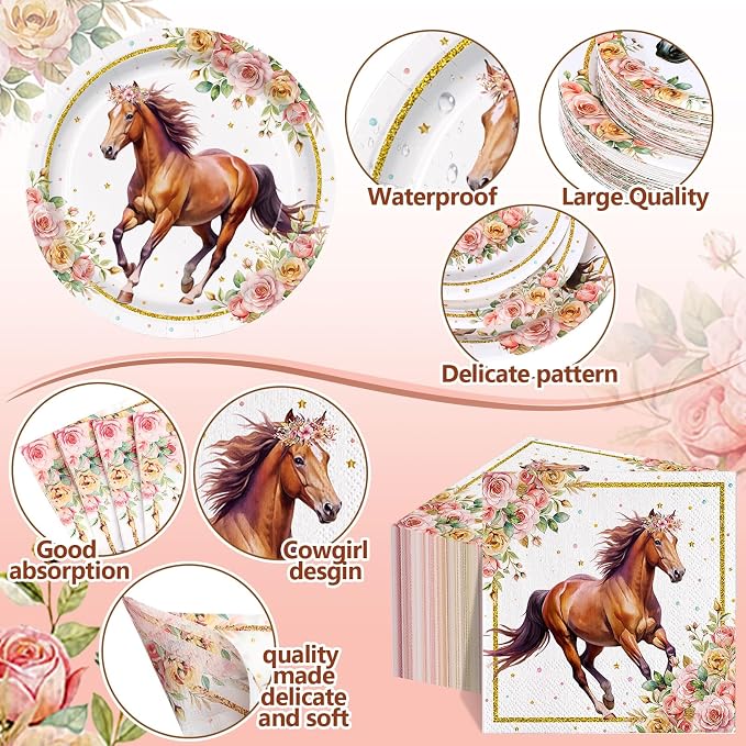 Pickmesh 250 Pcs Horse Birthday Party Decorations Pink Floral Cowgirl Disposable Tableware Set Cowboy Paper Plates Napkins Cups for Western Wedding Bachelorette Fairy Baby Bridal Shower Party Serve 50