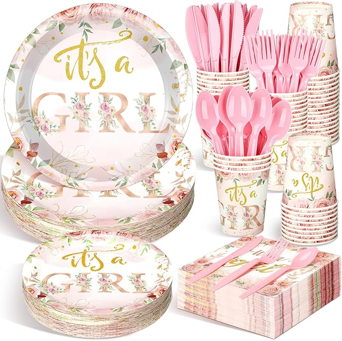 Dandat 350 Pcs Baby Shower Plates Set Baby Shower Party Supplies Serves 50 Tableware Sets Include Plates Napkin Cup Forks Knives Spoons Disposable Dinnerware(Floral,Pink)