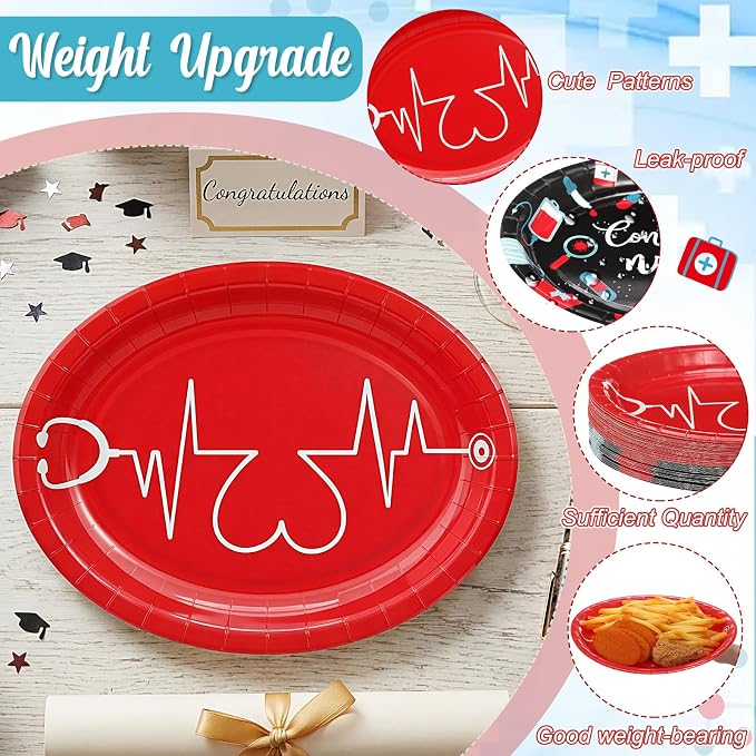 Vesici 150 Pcs Nurse Graduation Party Supplies Congrats Nurse Tableware Set Oval Paper Plate Cup and Napkin 10" x 12" Large Heavy Duty Disposable Plate for Rn School Graduation Celebration, Serves 50
