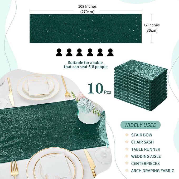 Sequin Table Runners 10 Pieces Emerald Green Table Runners 12x108 Inch Glitter Dining Table Cover for Party Wedding Birthday Reception Banquet Decoration Spring Party Chair Sashes