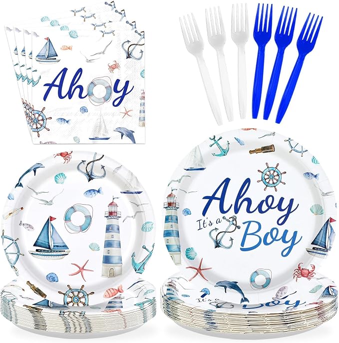 Nautical Party Plates and Napkins Ahoy Its A Boy Baby Shower Decorations Disposable Anchor Nautical Tableware Sets for Boys Baby Shower Ocean Gender Reveal Birthday Sailing Party Supplies Serves 24