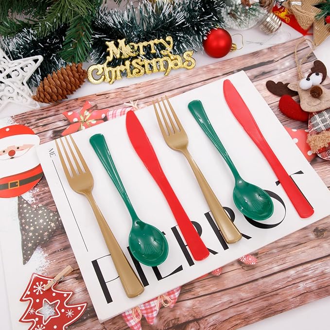 WDF 180 Pieces Plastic Silverware - Disposable Cutlery Set Incluede 60 Gold Forks, 60 Red Knives and 60 Green Spoons - Heavy Duty Plastic Flatware - Disposable Utensils for Wedding Party Birthday