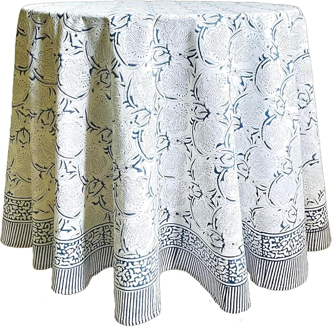 ATOSII Santorini 100% Cotton Round Tablecloth, Handblock Print Floral Table Cloth for Kitchen Dining Linen I Parties, Weddings, Outdoors, Spring Summer Decor I 60" Inches Round