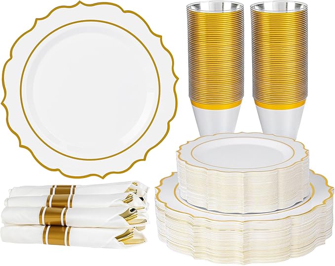 350PCS White Plastic Plates, Gold Plastic Dinnerware Sets for 50 Guests, Include 100 Disposable Plates, 50 Cups and 50 Pre Rolled Napkins with 150 PCS Gold Silverware for Party and Wedding
