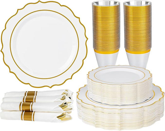 350PCS White Plastic Plates, Gold Plastic Dinnerware Sets for 50 Guests, Include 100 Disposable Plates, 50 Cups and 50 Pre Rolled Napkins with 150 PCS Gold Silverware for Party and Wedding