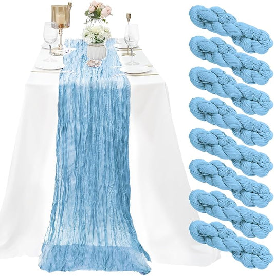8 Pack Baby Blue Cheesecloth Table Runner 10Ft Gauze Cheese Cloth Table Runner 35 x120Inch Boho Table Runners Romantic Table Cover for Wedding Engagement Bridal Baby Shower Birthday Party Table Décor