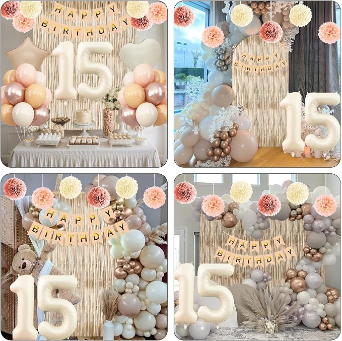 Beige 15th Birthday Decorations Girls Boys Cream Number 15 Balloon Nude Gold Happy Birthday Banner Fringe Curtain Paper Pom Poms Blush White Sand Champagne Star Foil Balloons Neutral Boho Party Decor