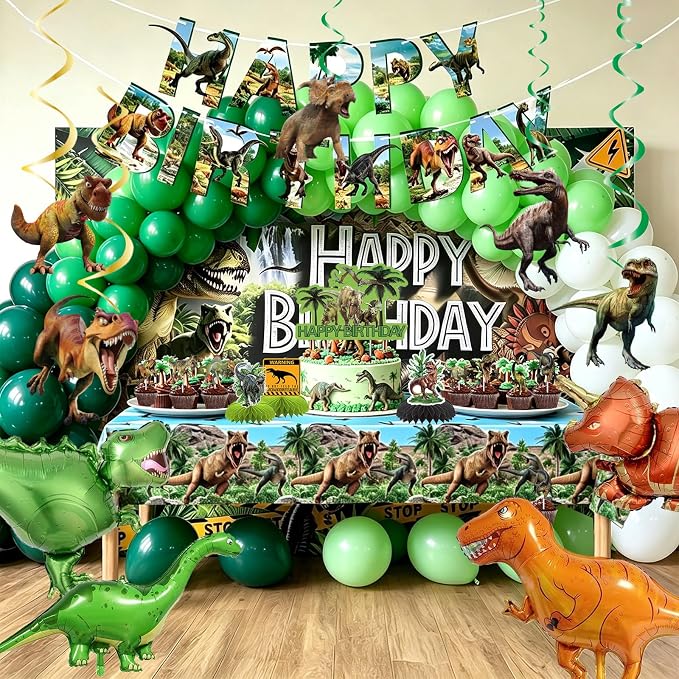 Dinosaur Birthday Party Decorations, 86 PCS Dino Party Supplies | Banner, Backdrop, Tablecloth, Cake Toppers, Balloons, Honeycombs, Hanging Swirls, Stickers for Party Decor