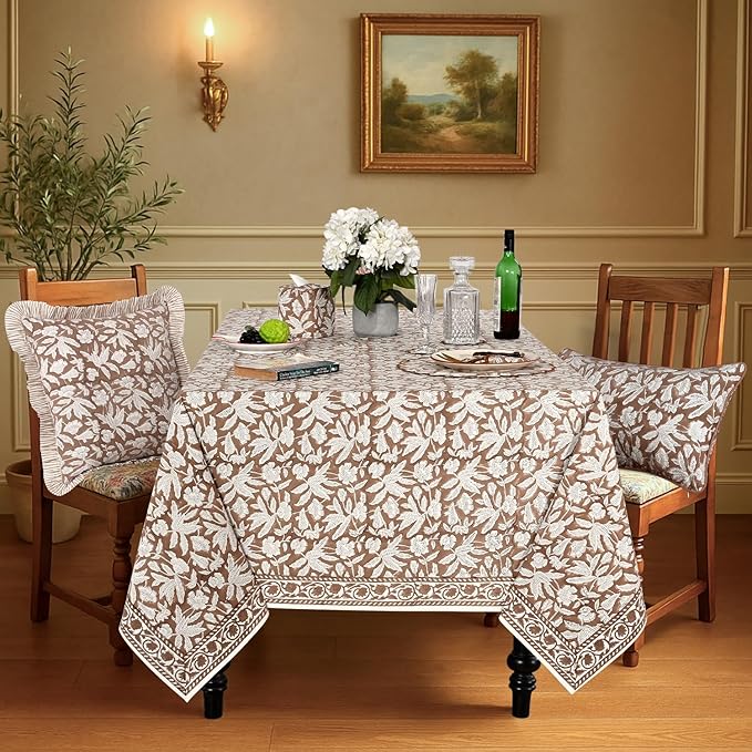Ridhi Oak Brown Hand Block Print Cotton Rectangle Tablecloth 108" x 60" inches Reusable Table Cover Decorative Everyday Use for Dining Room, Farmhouse, Home Gift for Spring, Mother's Day