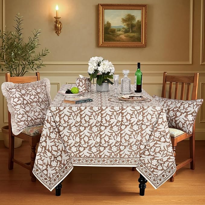 Ridhi Oak Brown Hand Block Print Cotton Rectangle Tablecloth 120" x 80" inches Reusable Table Cover Decorative Everyday Use for Dining Room, Farmhouse, Home Gift for Spring, Mother's Day