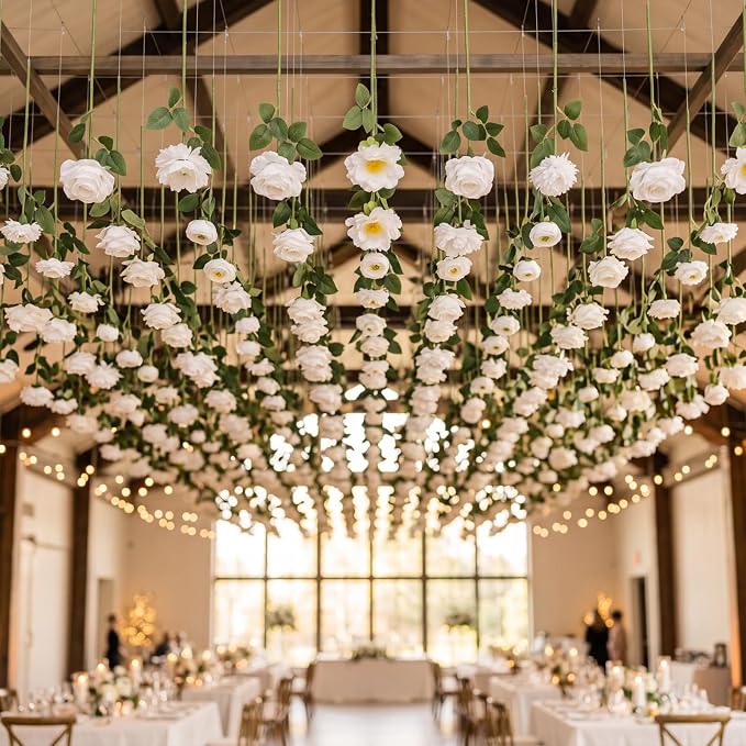 Lyrow 120 Pack White Artificial Flower Hanging Ornaments White Rose Floating Garland Floral Minimalist Boho Wedding Proposal Anniversary French Cream Farmhouse Ceiling Garland Table Decor DIY Craft