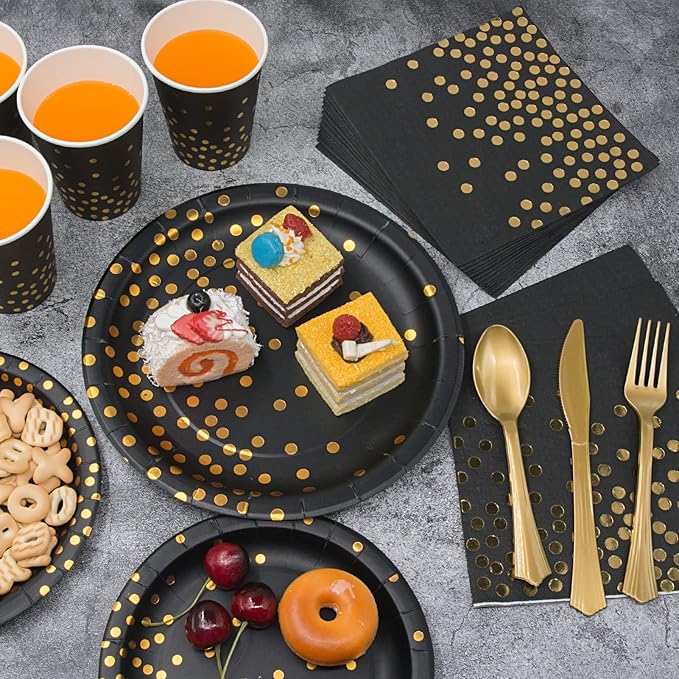 2026 New Years Decorations, 350PCS Black and Gold Party Supplies Disposable Dinnerware Set w/Black Gold Dot Paper Plates Napkins Cups Gold Plastic Fork Knives Spoon for Women Men Birthday Anniversary