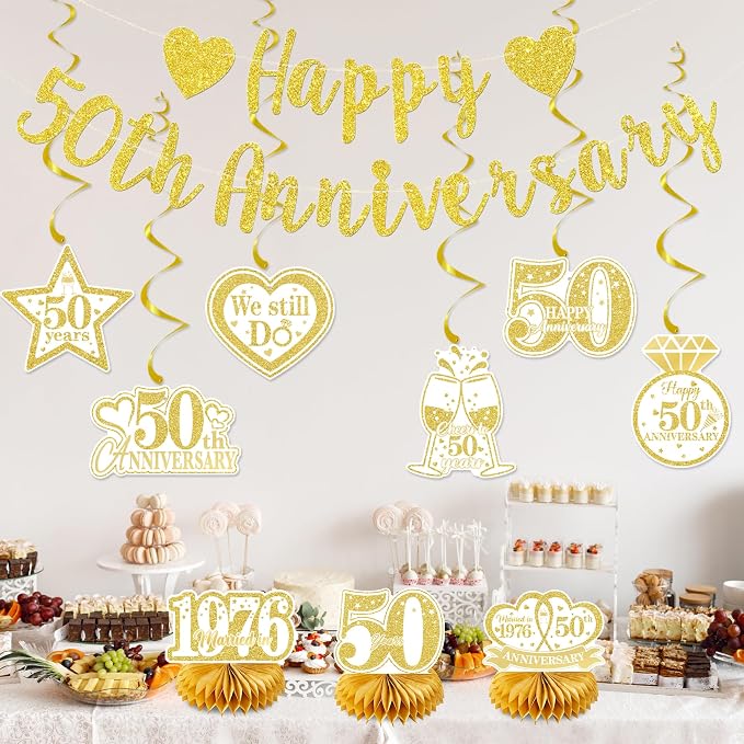 Holkcog White Gold 50th Anniversary Decorations, Gold Glitter Happy 50th hang Banner, Hanging Swirls,Honeycomb, Cheers to 50 Years Party Supplies，50 Years Anniversary Party Decorations