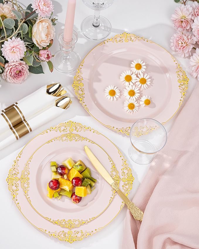 Nervure 175PCS Pink Plastic Plates - Disposable Pink Gold Party Plates & Pre Rolled Napkins with Cutlery for 25 Guests, 50Plates, 75Silverware, 25Cups, 25Napkin for Wedding & Party & Mother's Day