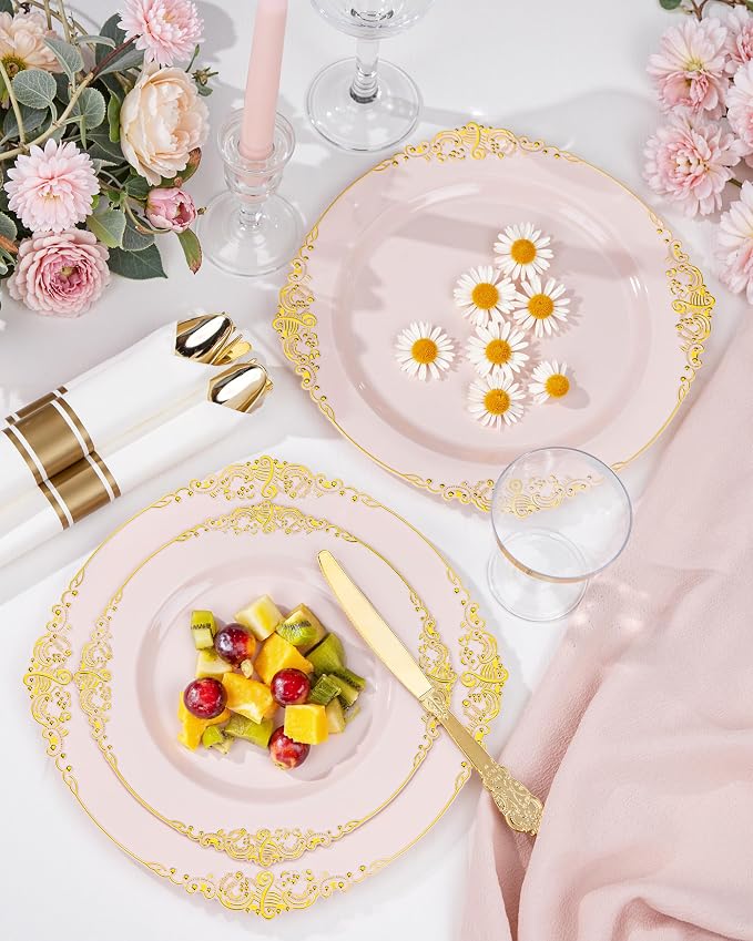 Nervure 175PCS Pink Plastic Plates - Disposable Pink Gold Party Plates & Pre Rolled Napkins with Cutlery for 25 Guests, 50Plates, 75Silverware, 25Cups, 25Napkin for Wedding & Party