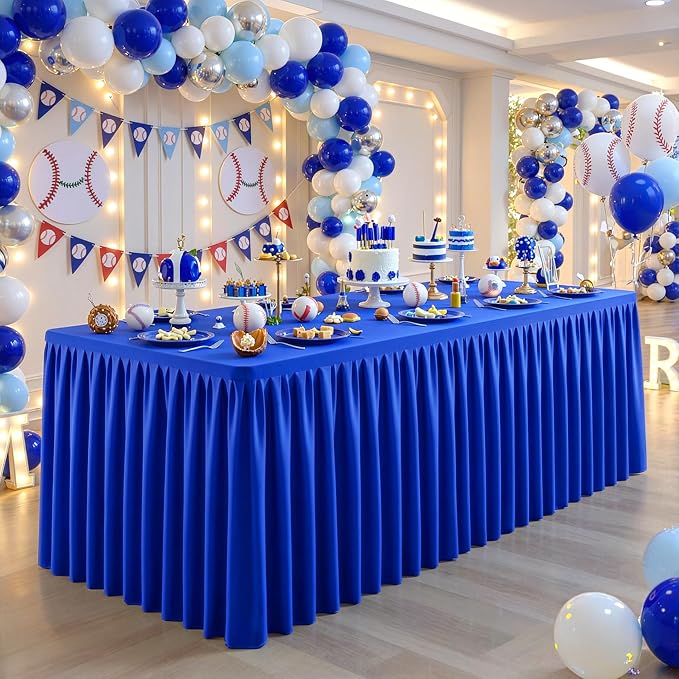 Royal Blue Polyester Table Cloths for Rectangle 8 Foot Tables, 6 Pack Wrinkle Free Tablecloths Stretchy Banquet Ruffle Fitted Table Cover Desk Skirt for Parties Wedding Birthday Baby Shower
