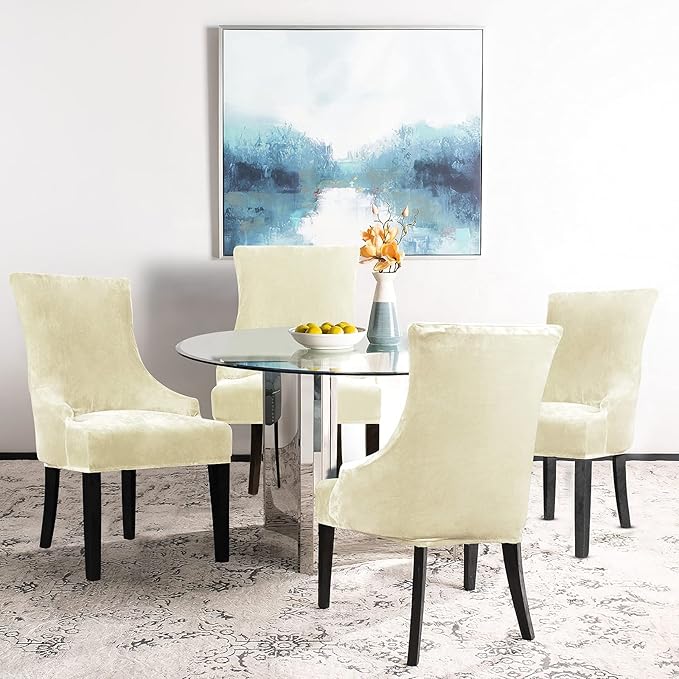 Lellen Velvet Stretch Wingback Chair Cover Slipcover - Reusable Protector Cover for Dining Room Banquet Home Decor etc Machine Washable Hand Washable (Cream, 1PC)
