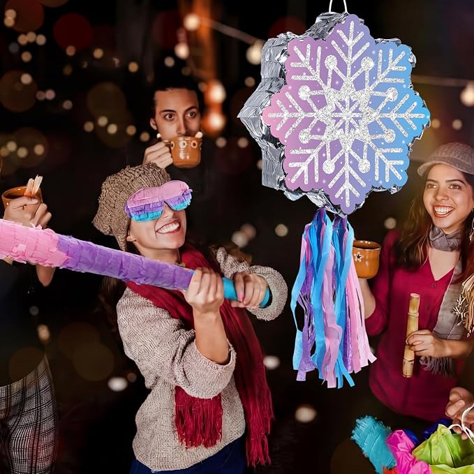 VioraWhite Snowflake Piñata Snowflake Birthday Decorations Wonderland Birthday Party Supplies Piñata with Blindfold Stick for Princess Party Supplies Decorations