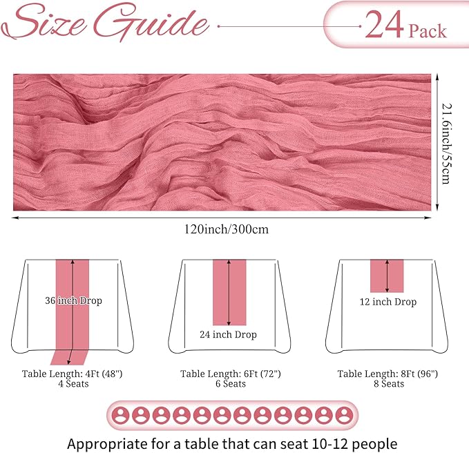 24 Pack Dusty Rose Cheesecloth Table Runner 10FT Boho Gauze Cheese Cloth Table Runner Rustic Sheer Fabric Table Runners for Wedding Bridal Shower Baby Shower Party(21.5×120 Inch)