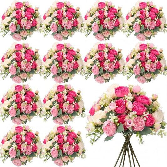 Geosar 16 Bundles Artificial Peonies Flowers Fake Silk Peony Bouquet Faux Peonies Flower Bulk for Decoration Vase Floral Arrangements Wedding Party Table (Champagne,Pink)
