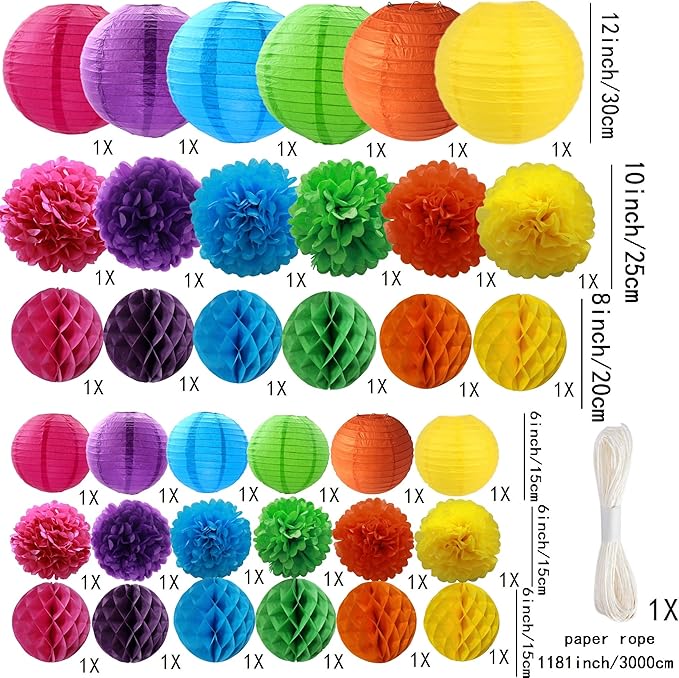 WOLHOWLTD Colorful Paper Decoration Set - 36 Pcs Paper Lanterns, Pompoms, Honeycomb Decorations for Wedding Rainbow Birthday Party Mexican Fiesta Classroom, Wedding, Home Decoration (6 Mixed Colors)