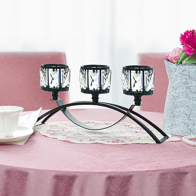 Black 3-Arm Crystal Candle Holders Arched - Elegant Tabletop Candelabra Centerpiece for Weddings, Dining Room Decor, Modern Home & Cabinet Display for & Housewarming