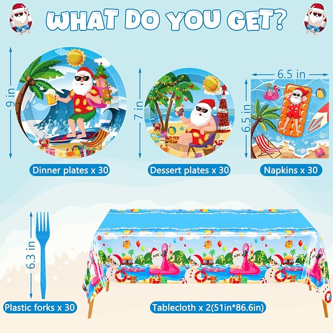 QZYL 122Pcs Summer Christmas Decorations, Tropical Beach Plates Party Supplies, Disposable Xmas in July Plates, Napkins, Cups, Forks and Tablecloth for Beach Pool Party, Serves 30 Guests
