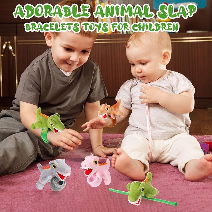 Lenwen 8 Pcs Stuffed Dinosaur Animals Slap Bracelets for Kids 8.66 Inch Back to School Plush Animal Bracelets Adopt a Dinosaur Party Favors Wrist Slap Snap Band Toy for Boys Girls Birthday Gifts