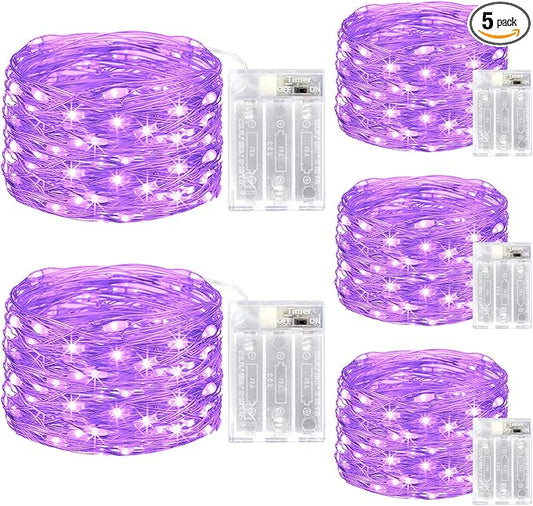 kolpop 5 Pack Fairy Lights Battery Operated with Timer, 50 LED Mini String Light Battery Powered, Purple Tiny Lights for Indoor Wedding Decorations