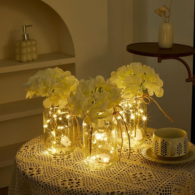 4 Sets Mason Jar Centerpiece with LED Lights and White Hydrangea Fake Flowers Vase for Wedding Bridal Shower Party Coffee Table Decor