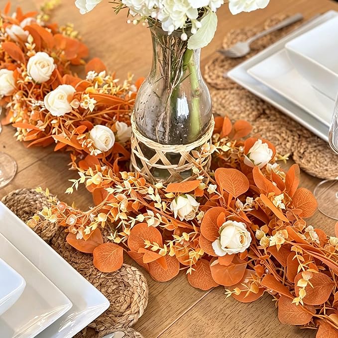 CQURE 2Pack Eucalyptus Garland,Artificial Eucalyptus Leaves Flowers Table Greenery Garland Wreath Vines for Wedding Party Fireplace Bedroom Room Decor