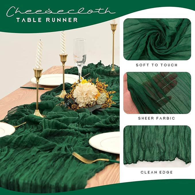 12 Pack Cheesecloth Table Runner 35 x 120 inch Long Boho Cheese Cloth Gauze Table Runners Semi Sheer Table Runner for Wedding Decor, Bridal Shower, Birthday Party (Emerald Green)